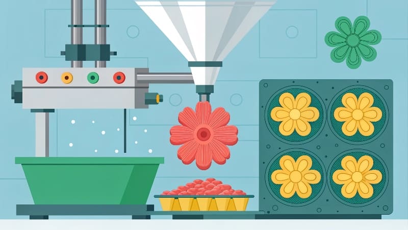 Plastic flowers created by [injection molding](https://www.protolabs.com/resources/guides-and-trend-reports/designing-for-moldability-fundamental-elements/)<sup id=